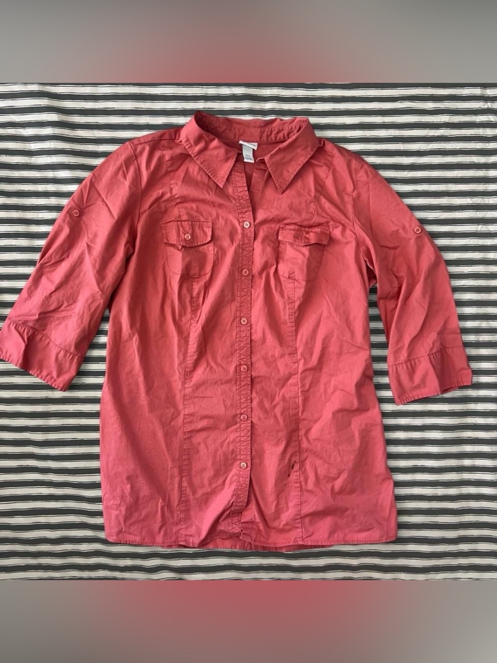 Women's Coral Button-Down Shirt - 3/4 Sleeves